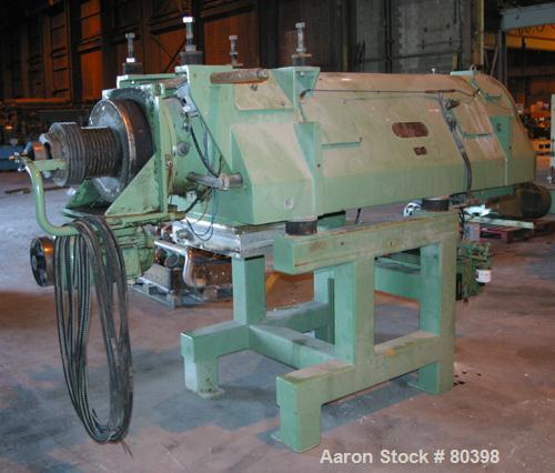 USED: Westfalia CA-505-01-12 solid bowl decanter centrifuge, 316 stainless steel construction on product contact areas. Max bowl speed 3500 rpm, 6" (160mm) single lead conveyor with welded hardfacing...