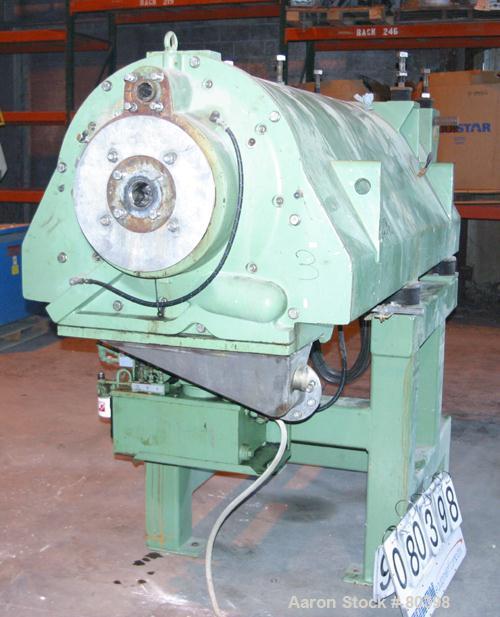 USED: Westfalia CA-505-01-12 solid bowl decanter centrifuge, 316 stainless steel construction on product contact areas. Max bowl speed 3500 rpm, 6" (160mm) single lead conveyor with welded hardfacing...