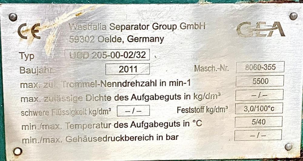 Used GEA Westfalia UCD 205-00-02/32c Decanter Centrifuge – 5500 RPM, 2-Phase, Stainless Contact, WWT Application – 2011