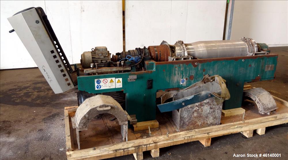 Used Westfalia UCD 305-00-02 Solid Bowl Decanter Centrifuge. 304 Stainless steel on product contact parts, maximum bowl speed 4500 rpm, approximate 4" single lead conveyor with welded hardfacing, sin...