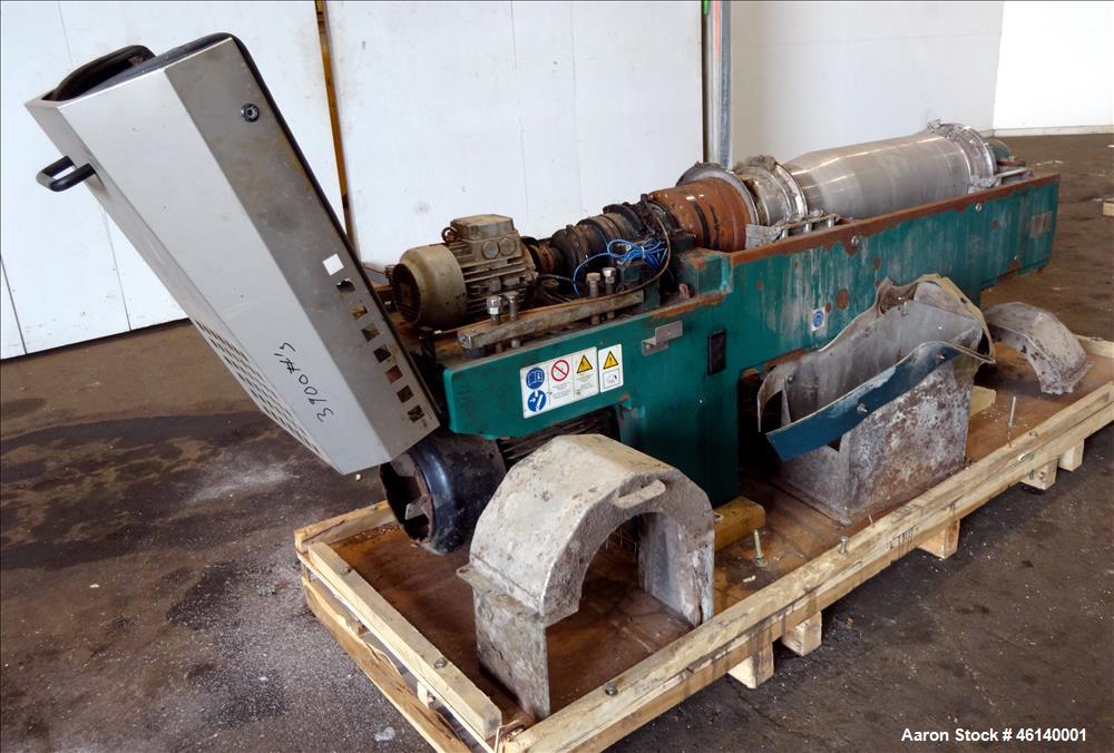 Used Westfalia UCD 305-00-02 Solid Bowl Decanter Centrifuge. 304 Stainless steel on product contact parts, maximum bowl speed 4500 rpm, approximate 4" single lead conveyor with welded hardfacing, sin...