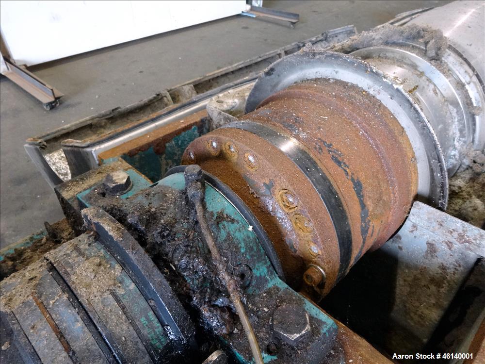 Used Westfalia UCD 305-00-02 Solid Bowl Decanter Centrifuge. 304 Stainless steel on product contact parts, maximum bowl speed 4500 rpm, approximate 4" single lead conveyor with welded hardfacing, sin...