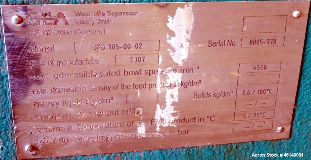 Used Westfalia UCD 305-00-02 Solid Bowl Decanter Centrifuge. 304 Stainless steel on product contact parts, maximum bowl speed 4500 rpm, approximate 4" single lead conveyor with welded hardfacing, sin...