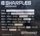 Used Sharples P-3400 Super-D-Canter Centrifuge, 316 Stainless Steel Construction (Product Contact Areas). Maximum bowl speed 4000 RPM, hogged-out cake discharge ports with replaceable wear liners and...