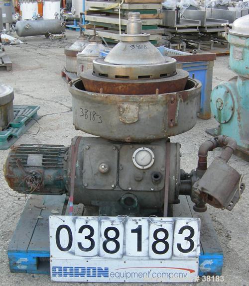 USED: Alfa-Laval AFPX-309-14B desludger centrifuge, 316 stainless steel, separator top feed. Driven by a 30 kw, 3/50 direct drive motor. Mounted on a carbon steel base.