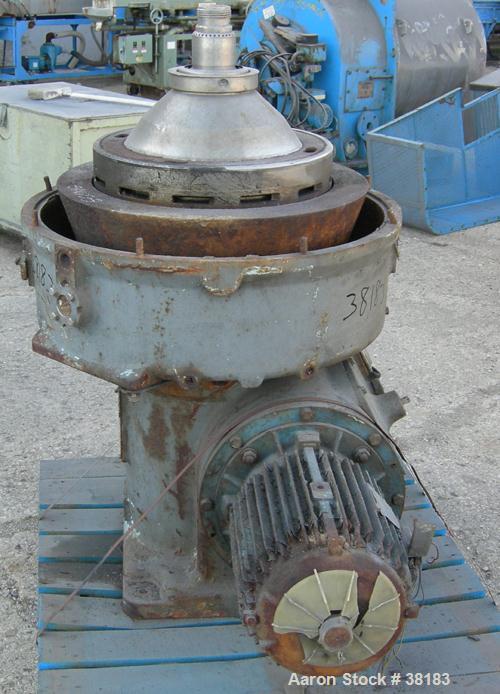 USED: Alfa-Laval AFPX-309-14B desludger centrifuge, 316 stainless steel, separator top feed. Driven by a 30 kw, 3/50 direct drive motor. Mounted on a carbon steel base.