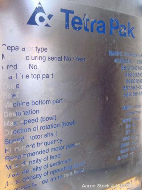 Used Alfa Laval/Tetra Pak BMRPX818-HGV-14C Bactofag Separator, stainless steel, capacity 1236 cubic feet/hour (35,000 liters/hour), bowl speed 4607 rpm.  Motor 49.3 hp/37 kW, 1520 rpm, 415V/3 phase/5...