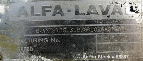 Used Alfa Laval BRAX-213S-31B "Ultra Polishing" Desludger Disc Centrifuge