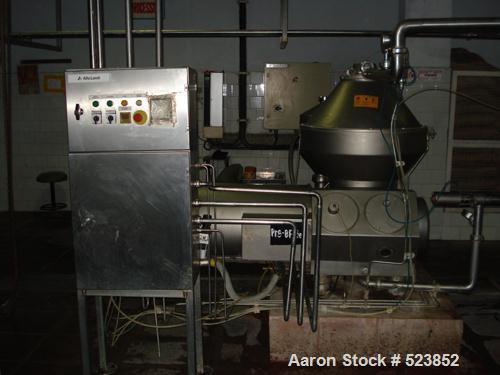 USED: Alfa Laval BRBX-610 "Bactofuge" desludger disc centrifuge.Stainless steel construction on product contact areas, clarifierdesign, centripetal pump liquid discharge, approximate 10 hp drivemotor...