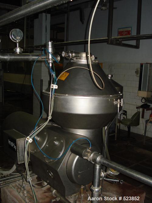 USED: Alfa Laval BRBX-610 "Bactofuge" desludger disc centrifuge.Stainless steel construction on product contact areas, clarifierdesign, centripetal pump liquid discharge, approximate 10 hp drivemotor...