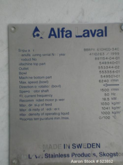 USED: Alfa Laval BRBX-610 "Bactofuge" desludger disc centrifuge.Stainless steel construction on product contact areas, clarifierdesign, centripetal pump liquid discharge, approximate 10 hp drivemotor...