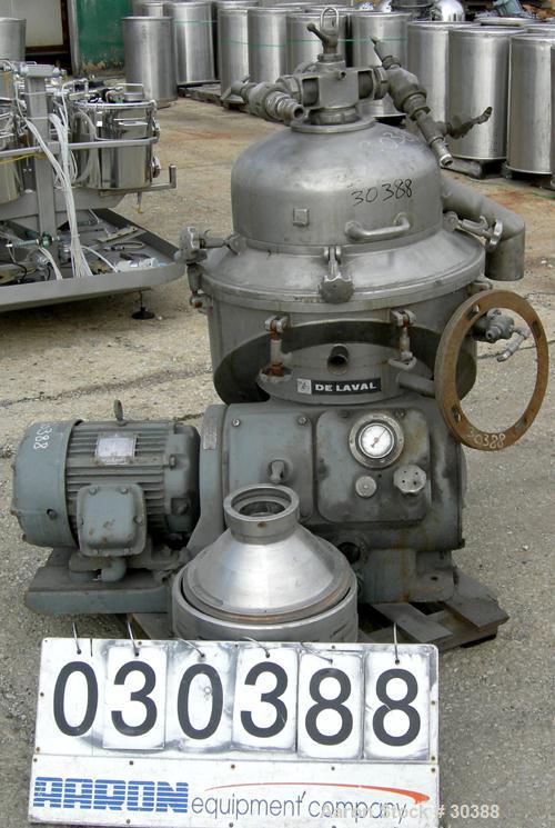 Used Alfa-Laval BRPX-207-19S-60 Desludger Centrifuge, 304 Stainless Steel. Purifier design, maximum bowl speed 6200 rpm, rated at 10 gpm. 7.5 hp motor, 440/3/60/1760 rpm.