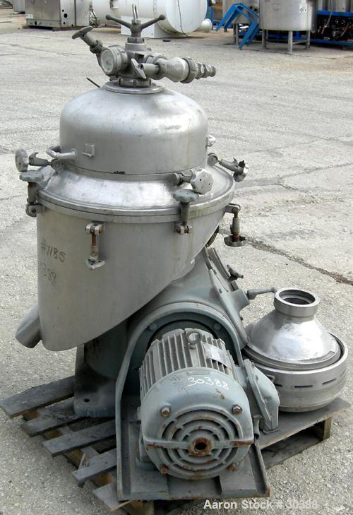 Used Alfa-Laval BRPX-207-19S-60 Desludger Centrifuge, 304 Stainless Steel. Purifier design, maximum bowl speed 6200 rpm, rated at 10 gpm. 7.5 hp motor, 440/3/60/1760 rpm.