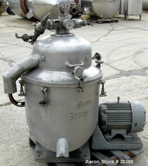 Used Alfa-Laval BRPX-207-19S-60 Desludger Centrifuge, 304 Stainless Steel. Purifier design, maximum bowl speed 6200 rpm, rated at 10 gpm. 7.5 hp motor, 440/3/60/1760 rpm.