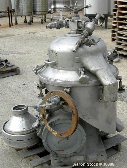 Used Alfa-Laval BRPX-207-19S-60 Desludger Centrifuge, 304 Stainless Steel. Purifier design, maximum bowl speed 6200 rpm, rated at 10 gpm. 7.5 hp motor, 440/3/60/1760 rpm.