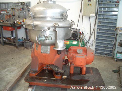 Used Alfa Laval BRPX-213-35H-11 Desludger Disc Centrifuge, Stainless Steel. Max bowl speed 1420-1500 rpm by an approximate 18.5 kW (25 hp), 3/50/280 volt, 1460 rpm motor.