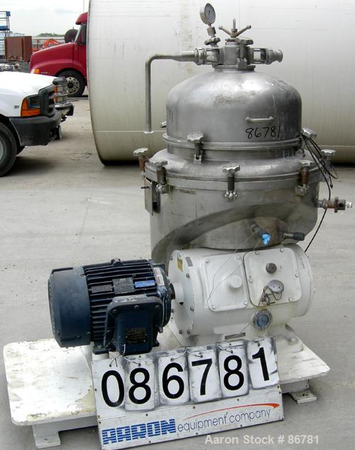 USED: Alfa Laval BRPX-213 desludger disc centrifuge. 316 stainless steel construction on product contact areas. Clarifier design, centripetal pump liquid discharge, direct drive configuration with mo...