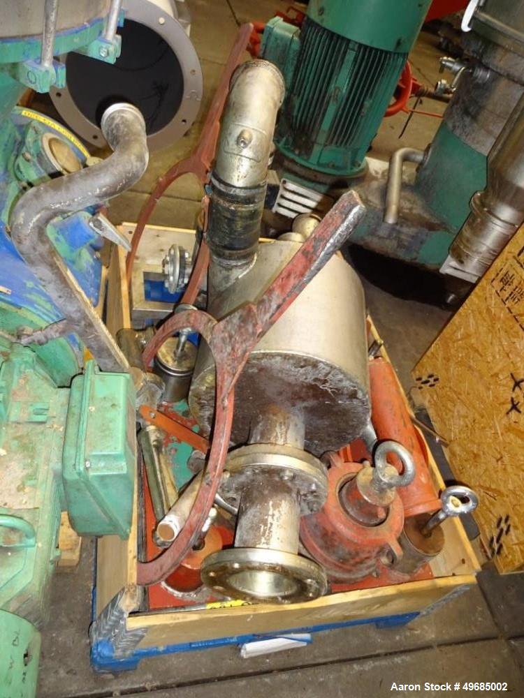 Used Alfa Laval BRPX-413-XGD-14C Desludging Disc Centrifuge. Stainless steel construction (product contact area). Clarifier design (liquid/solids separation), bottom feed design, centripetal pump liq...