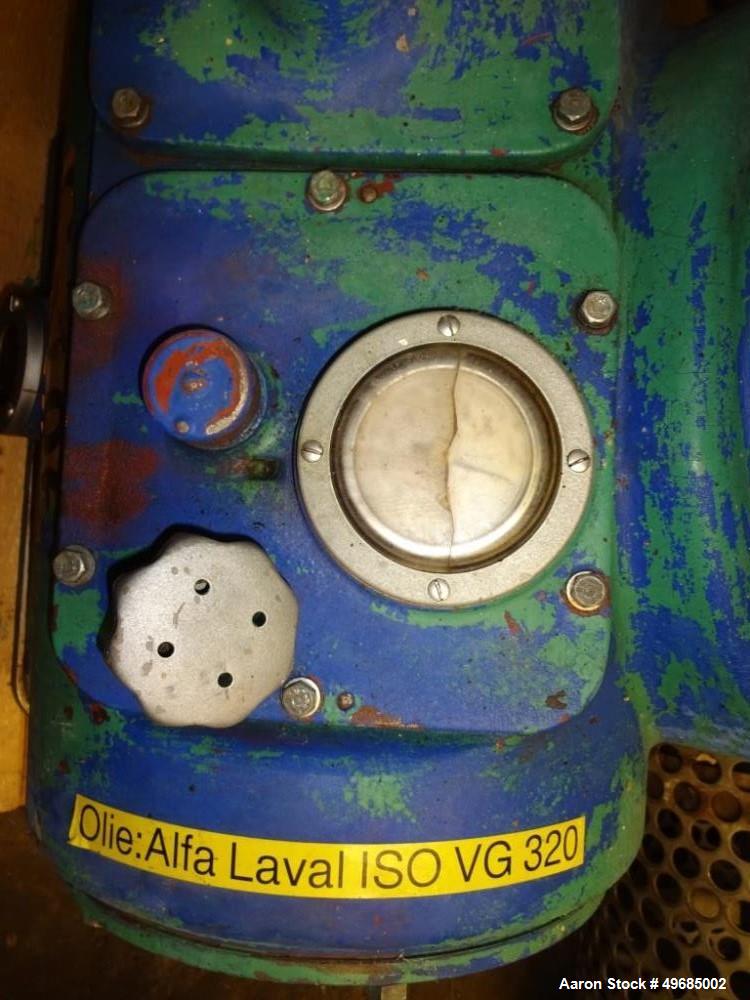 Used Alfa Laval BRPX-413-XGD-14C Desludging Disc Centrifuge. Stainless steel construction (product contact area). Clarifier design (liquid/solids separation), bottom feed design, centripetal pump liq...