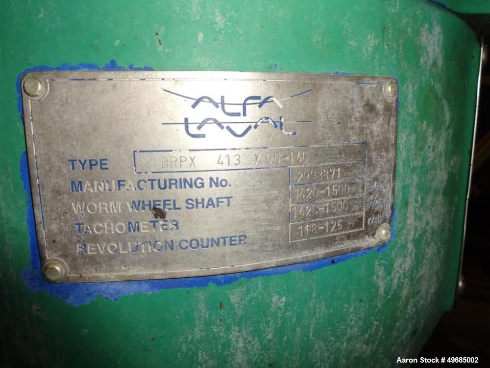 Used Alfa Laval BRPX-413-XGD-14C Desludging Disc Centrifuge. Stainless steel construction (product contact area). Clarifier design (liquid/solids separation), bottom feed design, centripetal pump liq...