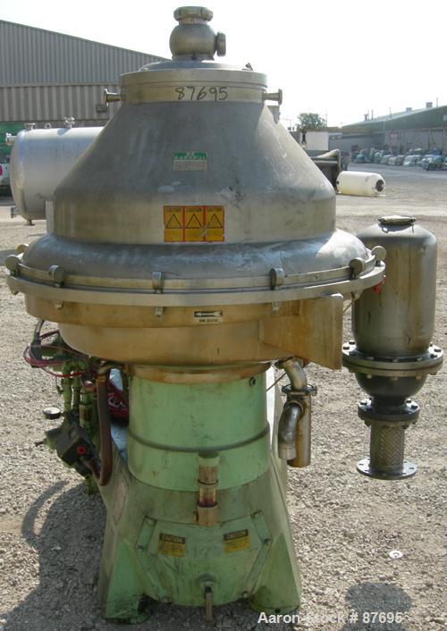 Used Alfa Laval BRPX-417-SFV-31CCL desludger disc centrifuge, 316 stainless steel construction on product contact areas. max bowl speed 3980 rpm. Clarifier design, centripetal pump liquid discharge, ...