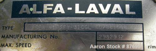 Used Alfa Laval BRPX-417-SFV-31CCL desludger disc centrifuge, 316 stainless steel construction on product contact areas. max bowl speed 3980 rpm. Clarifier design, centripetal pump liquid discharge, ...