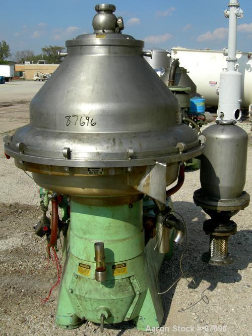 Used Alfa Laval BRPX-417-SFV-31CCL desludger disc centrifuge, 316 stainless steel construction on product contact areas. max bowl speed 3980 rpm. Clarifier design, centripetal pump liquid discharge, ...