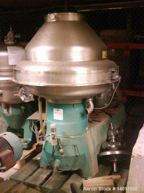 Used Alfa Laval BRPX-417SFV-31CGL Desludger Disc Centrifuge, stainless steel construction (product contact areas), clarifier deisgn (liquids/solids), centripetal pump liquid discharge, belt drive con...