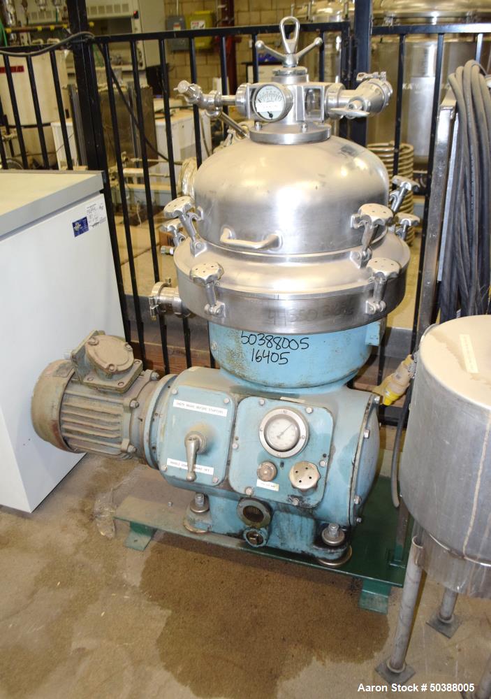 Used Alfa Laval Desludger Disc Centrifuge, Model BRPX207-SGV-34. 316 Stainless steel on product contact areas, clarifier design. Water harness, 7.5 hp motor, sludge tank, and control panel. Mounted o...