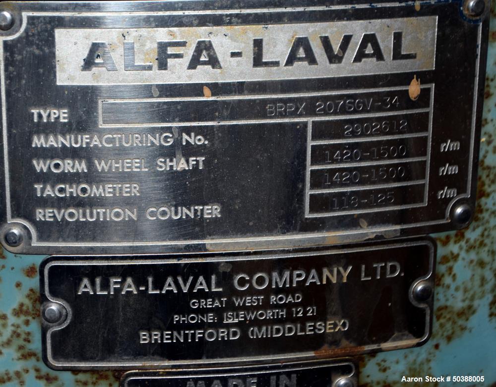Used Alfa Laval Desludger Disc Centrifuge, Model BRPX207-SGV-34. 316 Stainless steel on product contact areas, clarifier design. Water harness, 7.5 hp motor, sludge tank, and control panel. Mounted o...