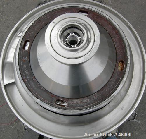 USED: Alfa Laval BRPX-309-34S Desludger Disc Centrifuge. Material of construction is 316 stainless steel, clarifier design, top feeding. Direct driven with 16.5 hp (11 kw) 3/50/220/380 volt, 1455 rpm...