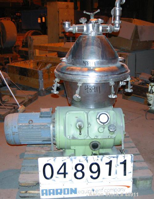 USED: Alfa Laval clarifier, type BRPX-309-34S. Material of construction is 316 stainless steel. Top feeding. Direct driven by a 16.5 hp (11 kw) 380 volt/50 cycle/3 ph explosion proof motor turning th...