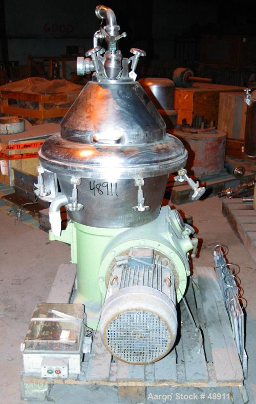 USED: Alfa Laval clarifier, type BRPX-309-34S. Material of construction is 316 stainless steel. Top feeding. Direct driven by a 16.5 hp (11 kw) 380 volt/50 cycle/3 ph explosion proof motor turning th...