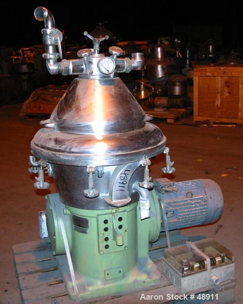 USED: Alfa Laval clarifier, type BRPX-309-34S. Material of construction is 316 stainless steel. Top feeding. Direct driven by a 16.5 hp (11 kw) 380 volt/50 cycle/3 ph explosion proof motor turning th...