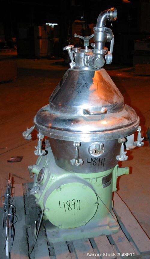USED: Alfa Laval clarifier, type BRPX-309-34S. Material of construction is 316 stainless steel. Top feeding. Direct driven by a 16.5 hp (11 kw) 380 volt/50 cycle/3 ph explosion proof motor turning th...