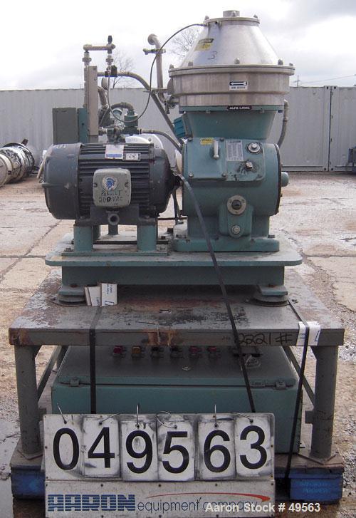 Used Alfa Laval BTPX-205-SGD-35-60 Desludger Disc Centrifuge, 2205 stainless steel bowl, 316 stainless steel top cover. Clarifier design, centripeal pump liquid discharge, 7.5 hp drive motor, 3/60/20...