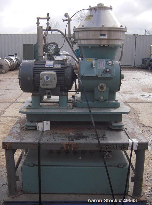 Used Alfa Laval BTPX-205-SGD-35-60 Desludger Disc Centrifuge, 2205 stainless steel bowl, 316 stainless steel top cover. Clarifier design, centripeal pump liquid discharge, 7.5 hp drive motor, 3/60/20...