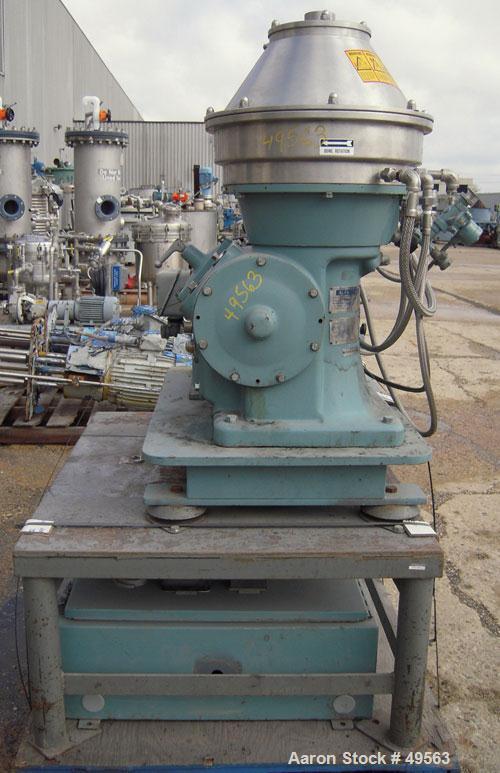 Used Alfa Laval BTPX-205-SGD-35-60 Desludger Disc Centrifuge, 2205 stainless steel bowl, 316 stainless steel top cover. Clarifier design, centripeal pump liquid discharge, 7.5 hp drive motor, 3/60/20...