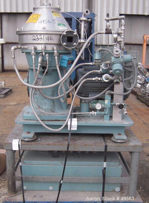 Used Alfa Laval BTPX-205-SGD-35-60 Desludger Disc Centrifuge, 2205 stainless steel bowl, 316 stainless steel top cover. Clarifier design, centripeal pump liquid discharge, 7.5 hp drive motor, 3/60/20...