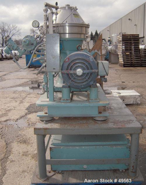 Used Alfa Laval BTPX-205-SGD-35-60 Desludger Disc Centrifuge, 2205 stainless steel bowl, 316 stainless steel top cover. Clarifier design, centripeal pump liquid discharge, 7.5 hp drive motor, 3/60/20...