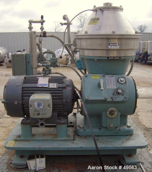 Used Alfa Laval BTPX-205-SGD-35-60 Desludger Disc Centrifuge, 2205 stainless steel bowl, 316 stainless steel top cover. Clarifier design, centripeal pump liquid discharge, 7.5 hp drive motor, 3/60/20...