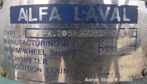 Used Alfa Laval BTPX-205-SGD-35-60 Desludger Disc Centrifuge, 2205 stainless steel bowl, 316 stainless steel top cover. Clarifier design, centripeal pump liquid discharge, 7.5 hp drive motor, 3/60/20...