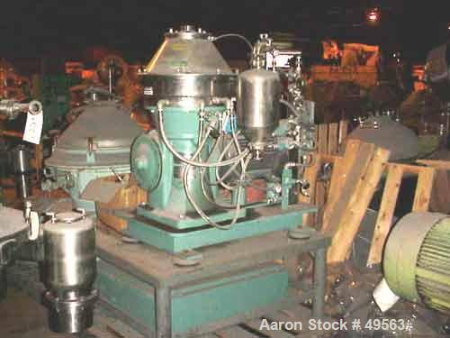 Used Alfa Laval BTPX-205-SGD-35-60 Desludger Disc Centrifuge, 2205 stainless steel bowl, 316 stainless steel top cover. Clarifier design, centripeal pump liquid discharge, 7.5 hp drive motor, 3/60/20...