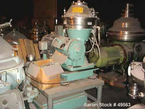 Used Alfa Laval BTPX-205-SGD-35-60 Desludger Disc Centrifuge, 2205 stainless steel bowl, 316 stainless steel top cover. Clarifier design, centripeal pump liquid discharge, 7.5 hp drive motor, 3/60/20...