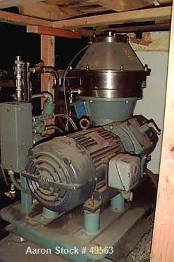 Used Alfa Laval BTPX-205-SGD-35-60 Desludger Disc Centrifuge, 2205 stainless steel bowl, 316 stainless steel top cover. Clarifier design, centripeal pump liquid discharge, 7.5 hp drive motor, 3/60/20...