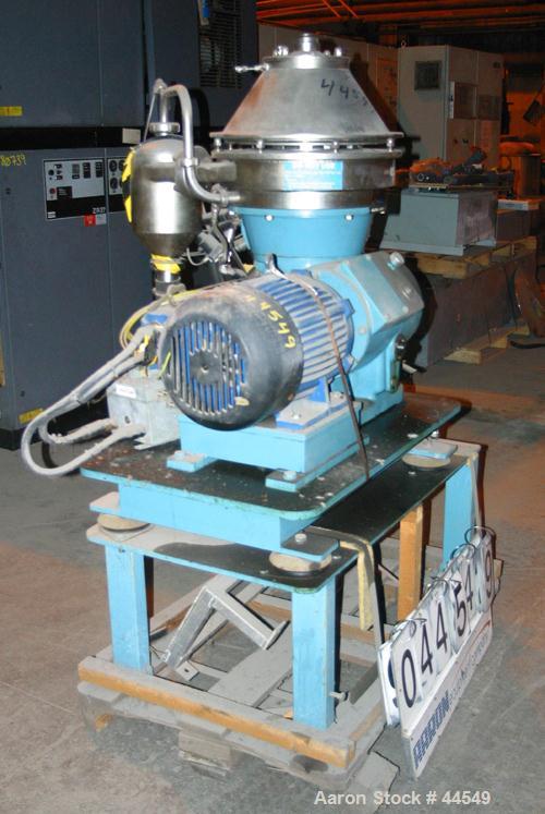 USED: Alfa Laval BTPX205-SGD-35 DEFP-50 desludger disc centrifuge. Duplex 2205 stainless steel construction. Max bowl speed 9650 rpm, water harness, sludge collection tank. Driven by a 6.5 kw (10 hp)...