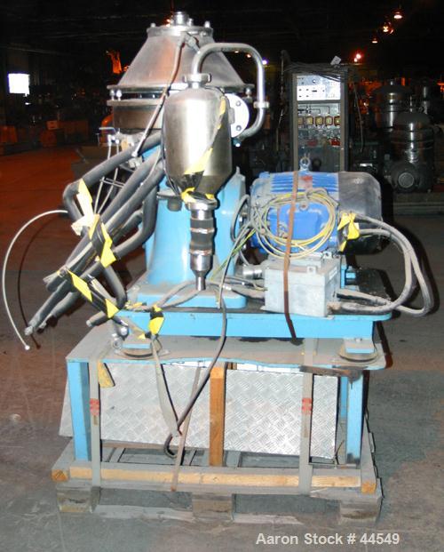 USED: Alfa Laval BTPX205-SGD-35 DEFP-50 desludger disc centrifuge. Duplex 2205 stainless steel construction. Max bowl speed 9650 rpm, water harness, sludge collection tank. Driven by a 6.5 kw (10 hp)...