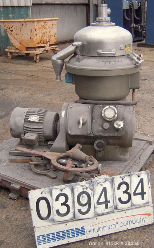 Used Alfa Laval CAFPX-207-XGV-19-60 Disc Centrifuge, 316 Stainless Steel. Light phase pump discharge, heavy phase overflow, outer rising channel. Driven by a 10 HP, 3/60/230/460 Volt, 1750 RPM Motor.