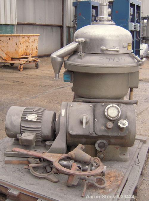 Used Alfa Laval CAFPX-207-XGV-19-60 Disc Centrifuge, 316 Stainless Steel. Light phase pump discharge, heavy phase overflow, outer rising channel. Driven by a 10 HP, 3/60/230/460 Volt, 1750 RPM Motor.