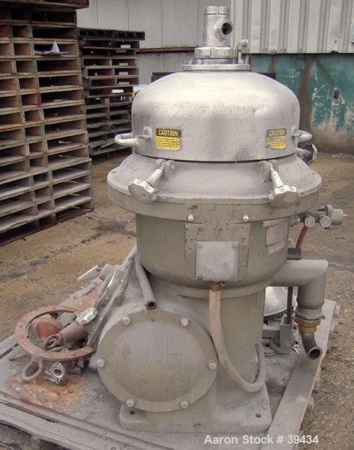Used Alfa Laval CAFPX-207-XGV-19-60 Disc Centrifuge, 316 Stainless Steel. Light phase pump discharge, heavy phase overflow, outer rising channel. Driven by a 10 HP, 3/60/230/460 Volt, 1750 RPM Motor.